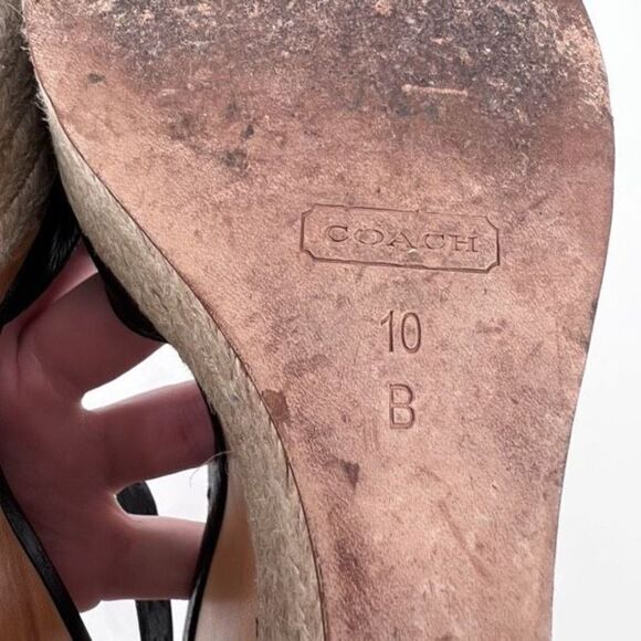 Coach Gala Black Leather Wedges Espadrille Wood Size 10 Peep toe T Strap Sandals - Picture 11 of 12